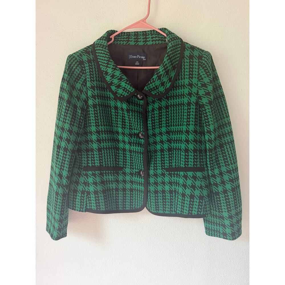 Vintage 90s Evan-Picone Green Black Houndstooth Blazer Jacket Button Up Size 14P - Picture 5 of 10